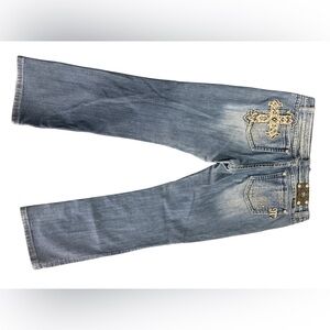 Miss Me Blue Boot Cut Jeans with Gold Embroidery